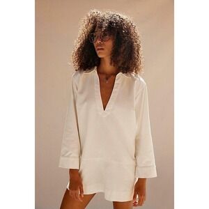Free People XS TP White Cotton V Neck Long Sleeve Tunic Shirt Top Made in India